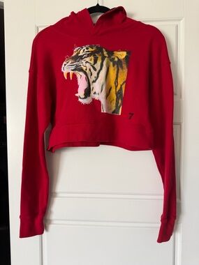 Red Cropped Hoodie with Roaring Tiger Graphic